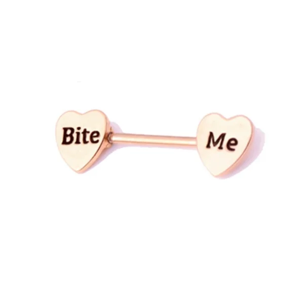 Rose Gold Nipple Rings "Bite Me" "Lick Me" "F*ck Me" You Choose Design 16G - Picture 2 of 5